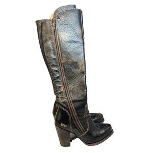 BedStu Women 7.5 Fate Boot Tall Black Distressed Leather Knee High Full Zip Shoe